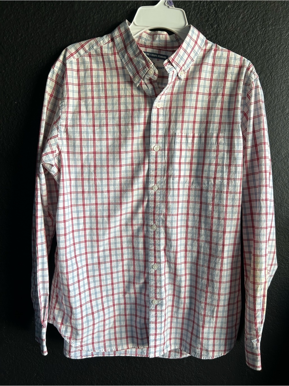 Old Navy Men's Button-Down Plaid Shirt - White with Red & Blue Lines